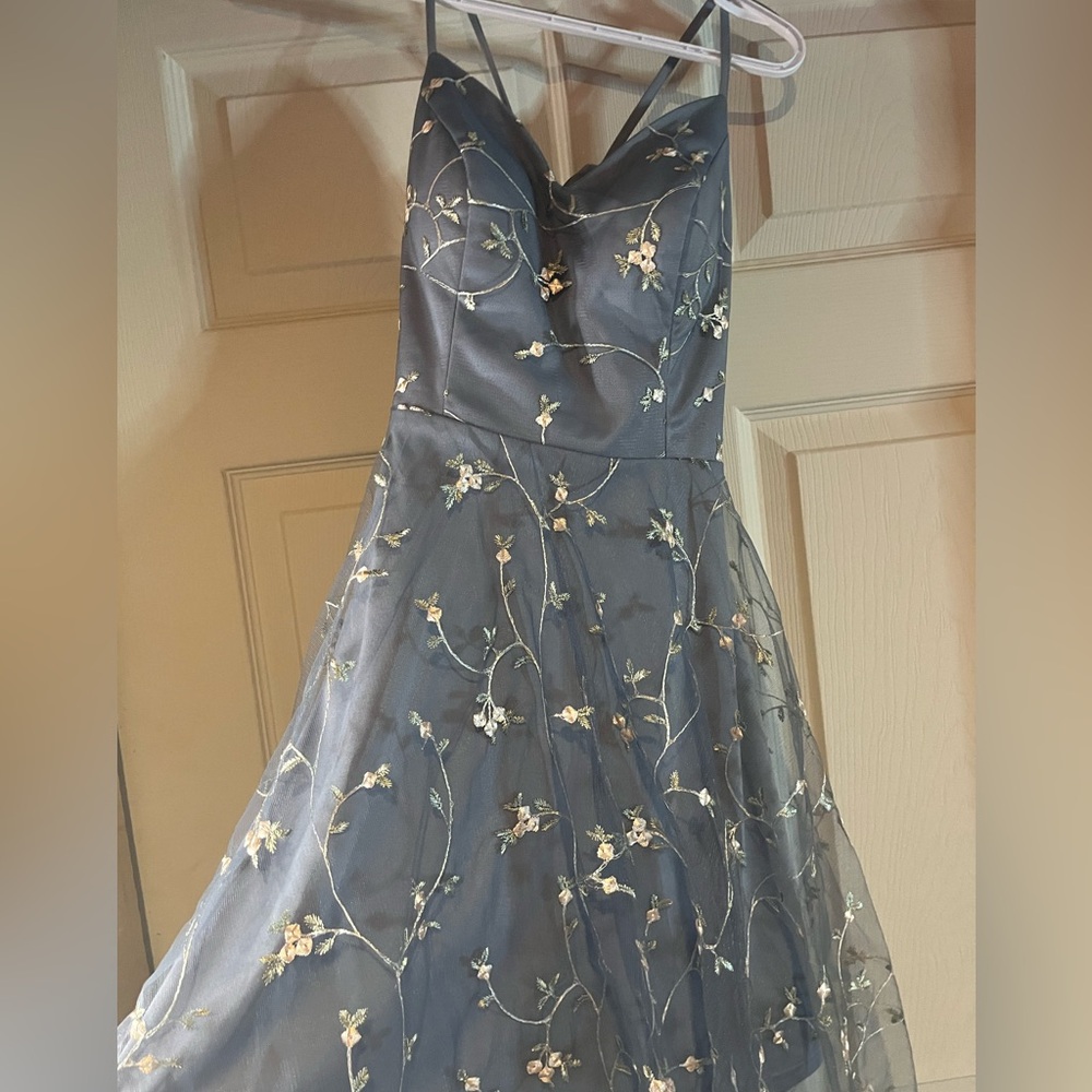 short blue, floral dress